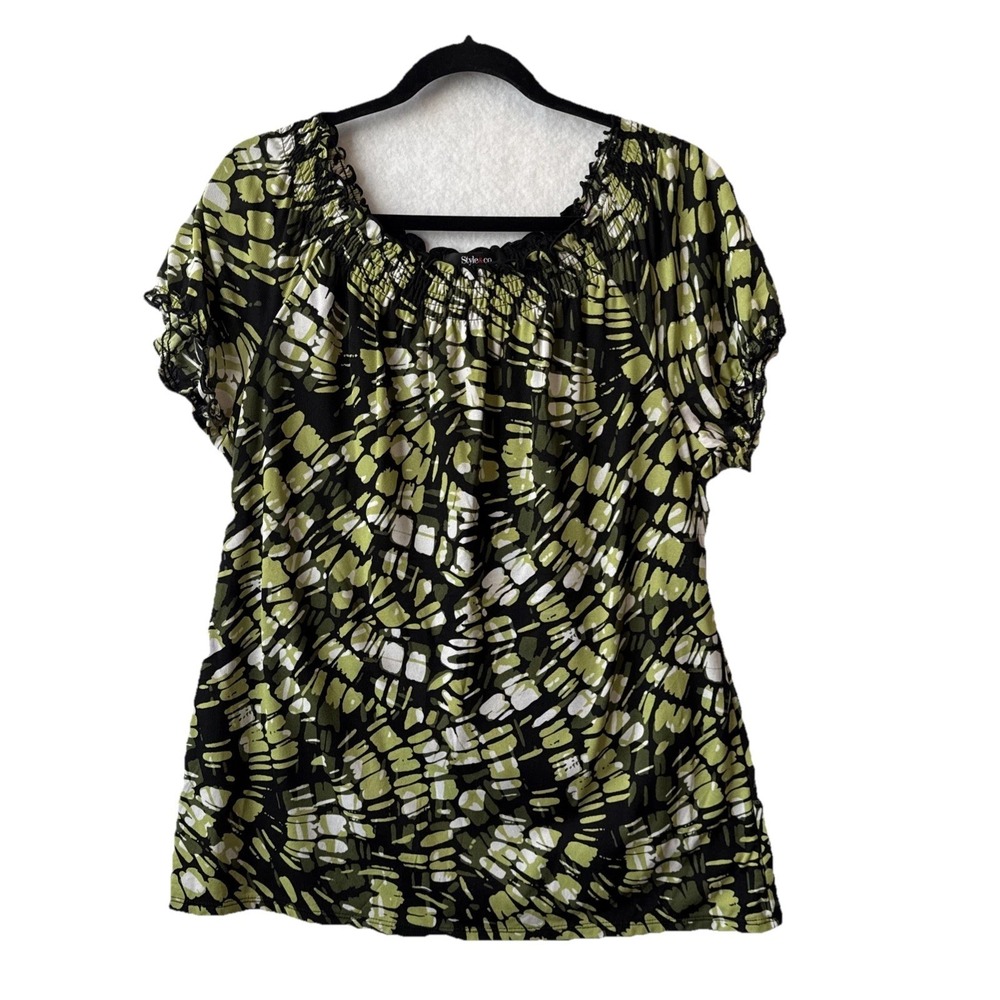 Style & Co Green Abstract Gathered Ruffle Neckline Blouse Women's XL Whimsigoth